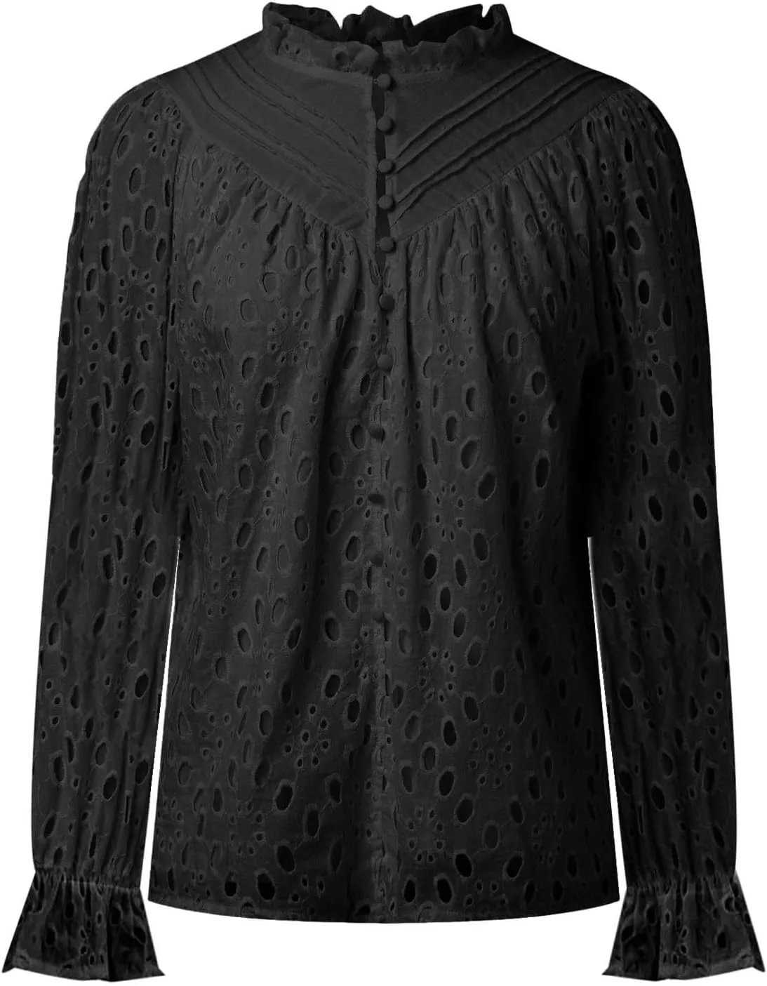Women's Dressy Casual Blouse Tops Fall Puff Long Sleeve Button V Neck Hollow Out Lace Embroidered Shirts