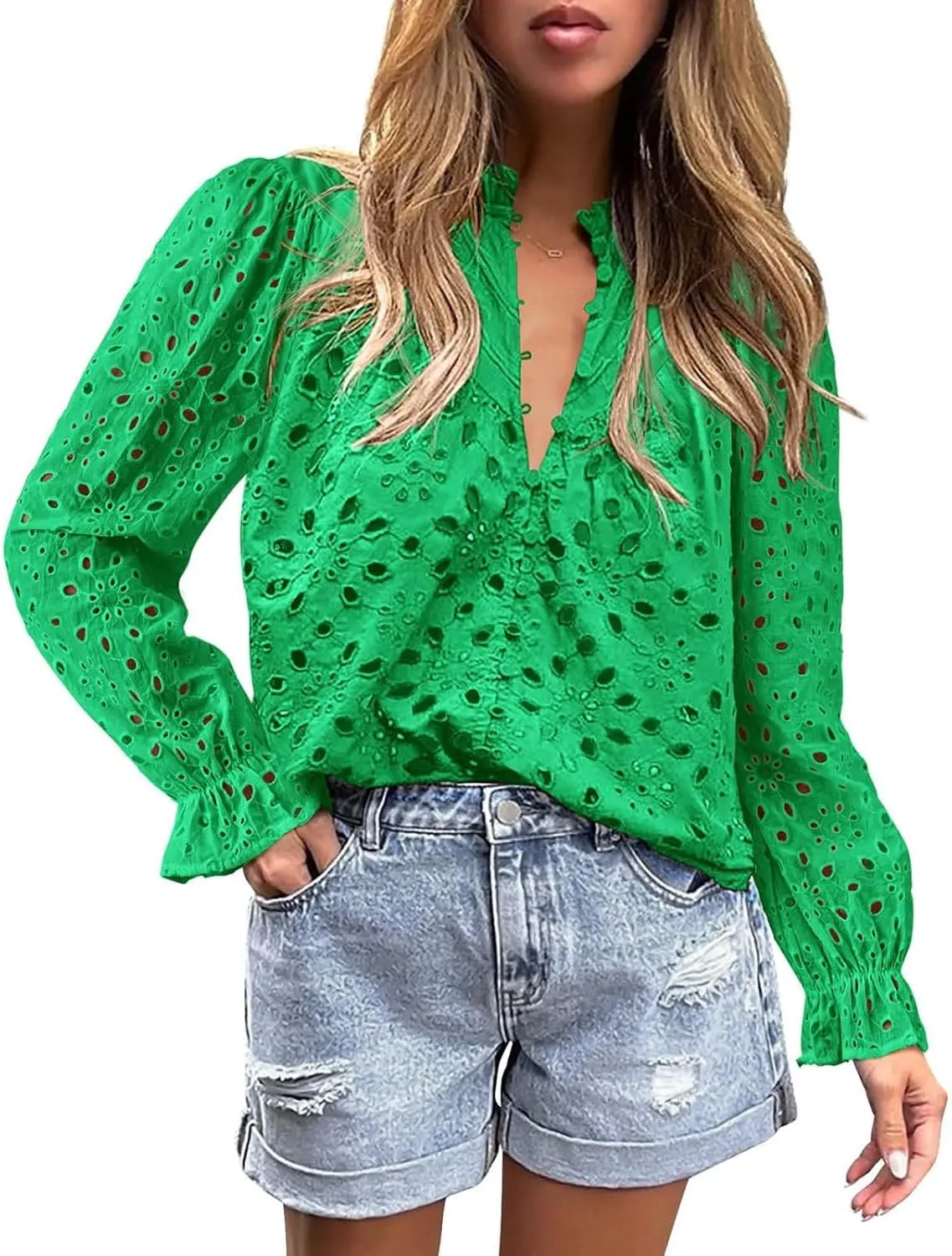 Women's Dressy Casual Blouse Tops Fall Puff Long Sleeve Button V Neck Hollow Out Lace Embroidered Shirts