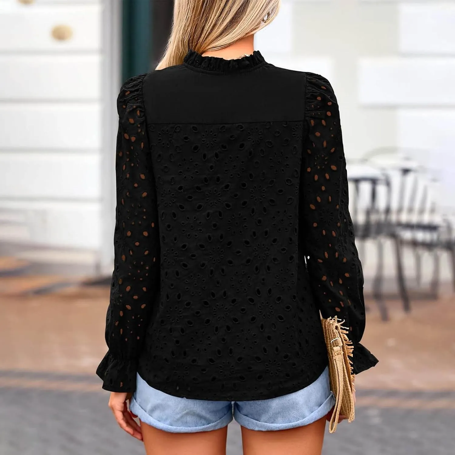 Women's Dressy Casual Blouse Tops Fall Puff Long Sleeve Button V Neck Hollow Out Lace Embroidered Shirts