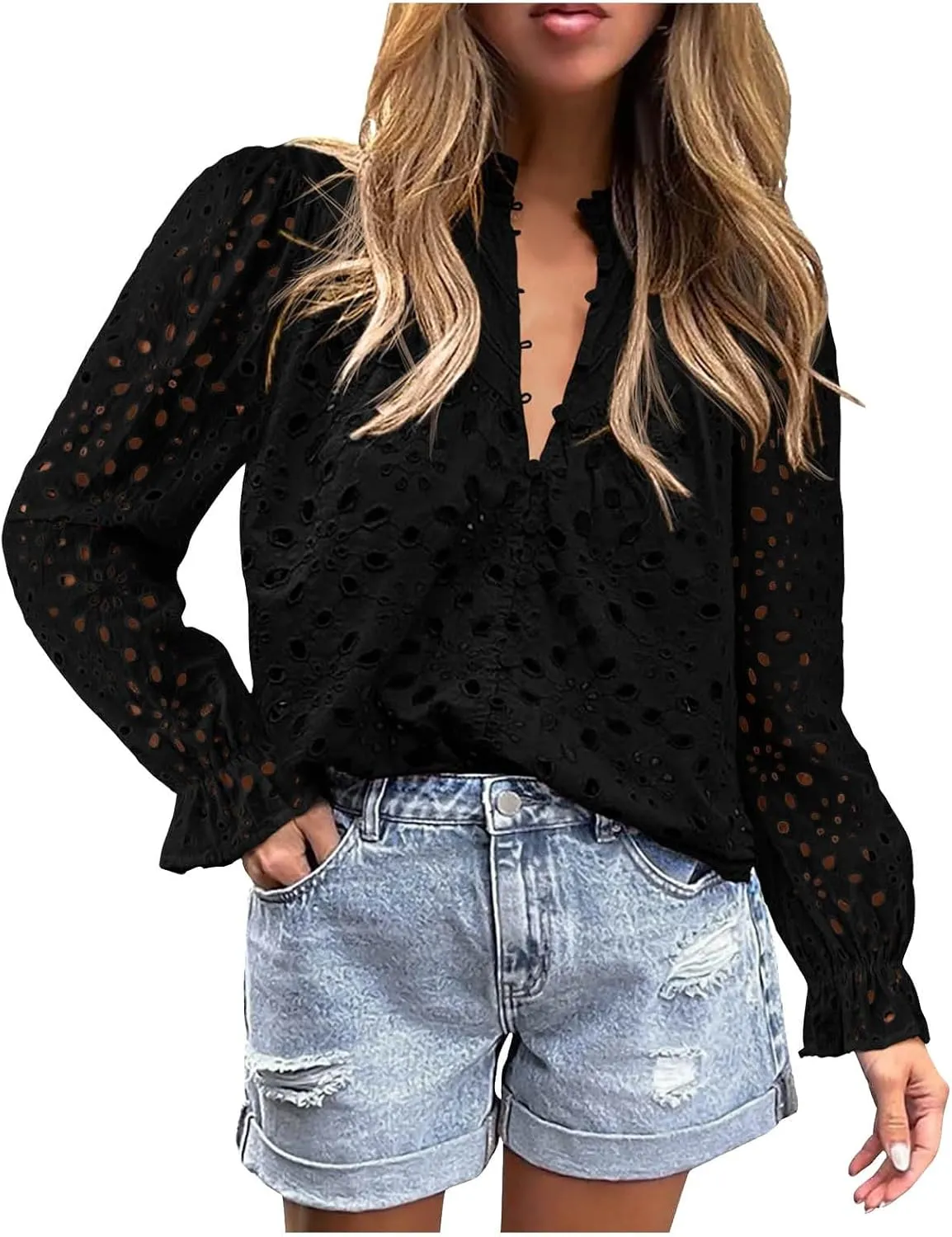 Women's Dressy Casual Blouse Tops Fall Puff Long Sleeve Button V Neck Hollow Out Lace Embroidered Shirts