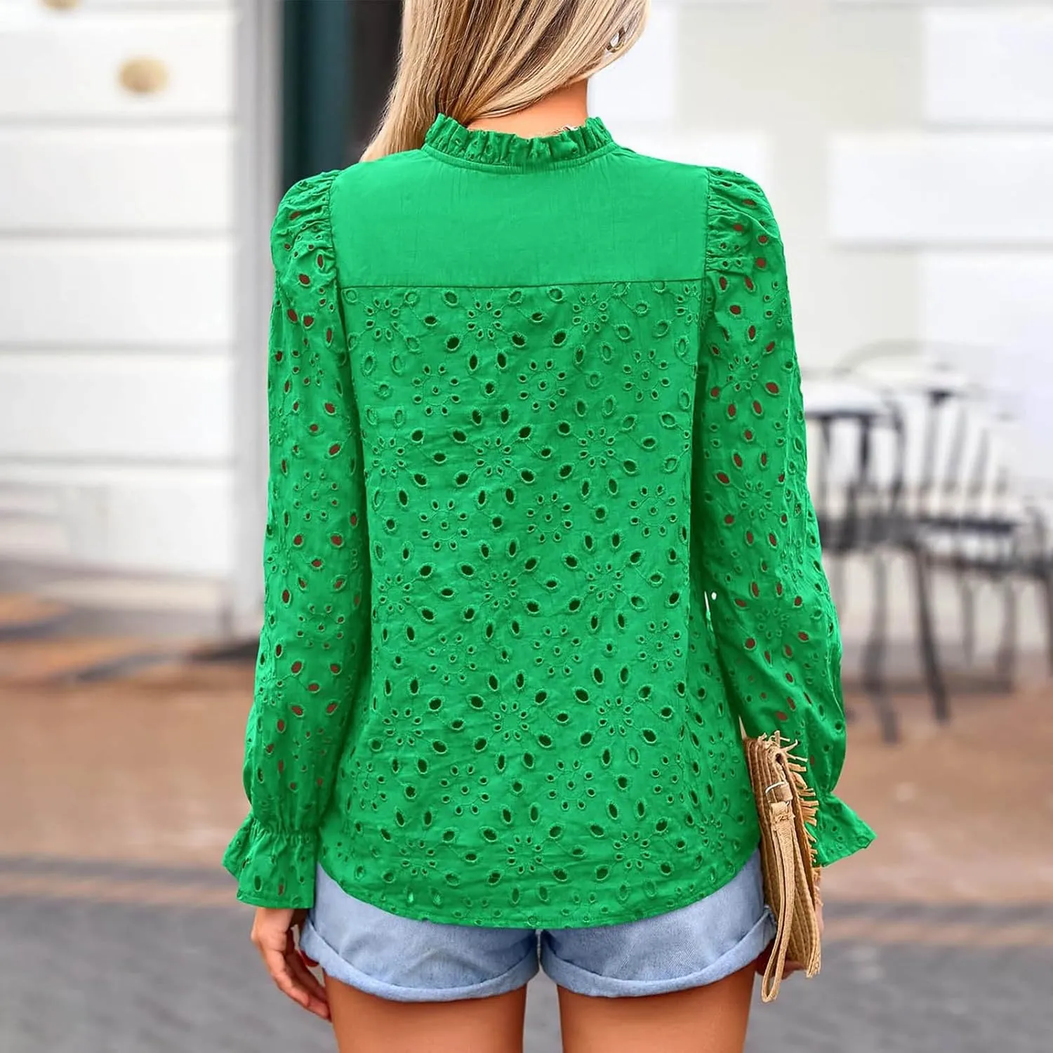 Women's Dressy Casual Blouse Tops Fall Puff Long Sleeve Button V Neck Hollow Out Lace Embroidered Shirts