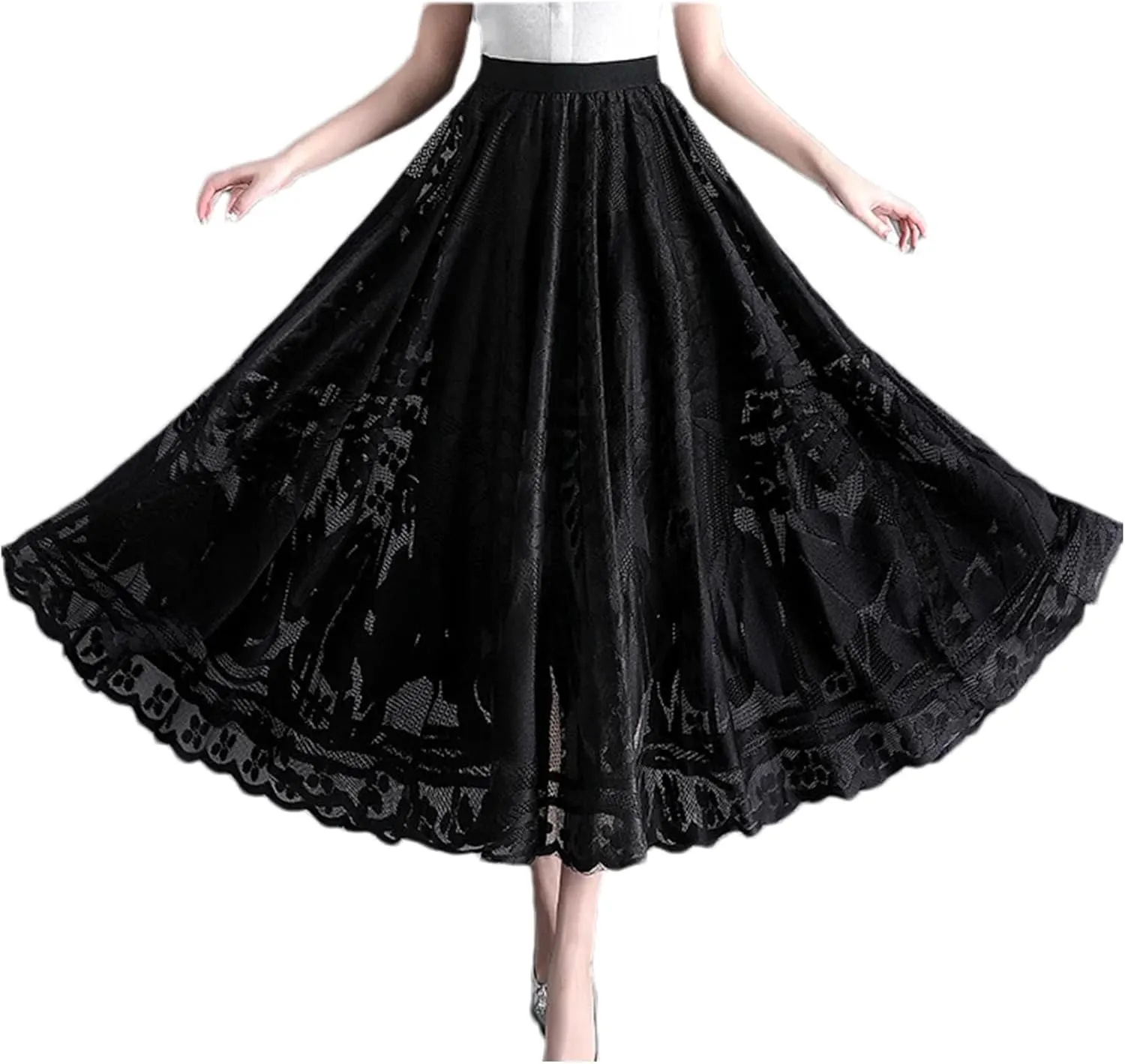 Women's Elastic Waist Lace Long Skirt Summer Casual A Line Skirt