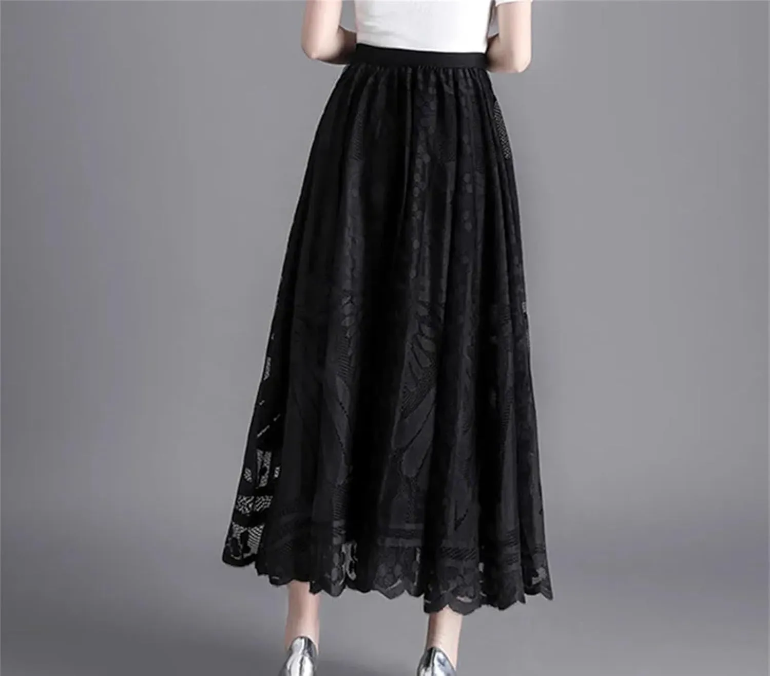Women's Elastic Waist Lace Long Skirt Summer Casual A Line Skirt
