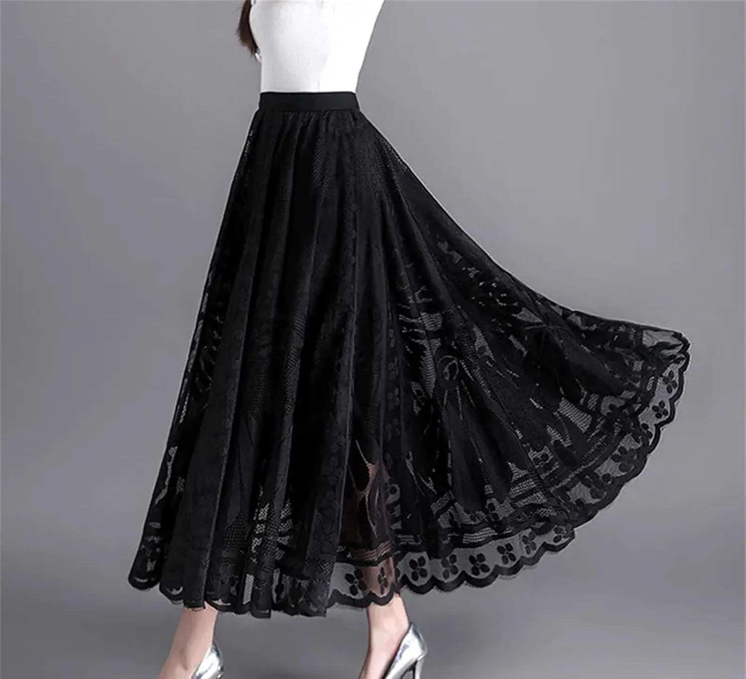 Women's Elastic Waist Lace Long Skirt Summer Casual A Line Skirt