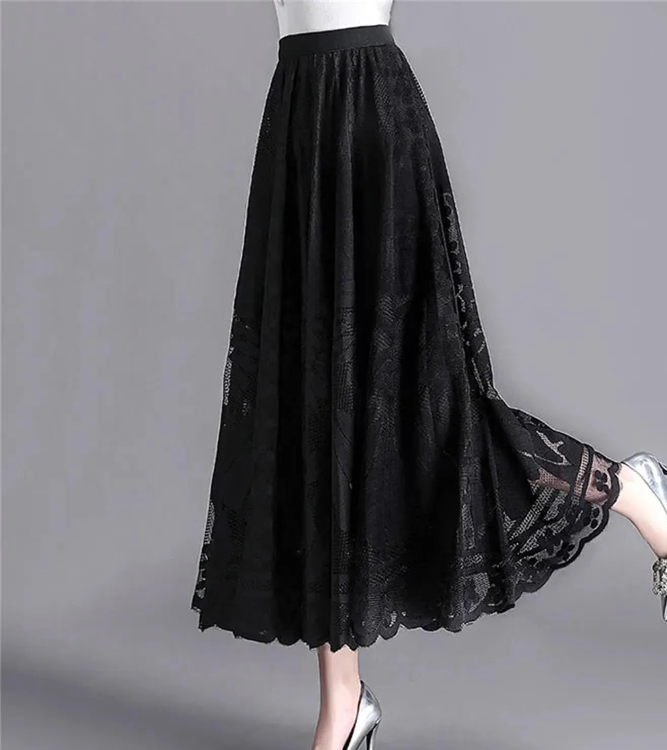Women's Elastic Waist Lace Long Skirt Summer Casual A Line Skirt