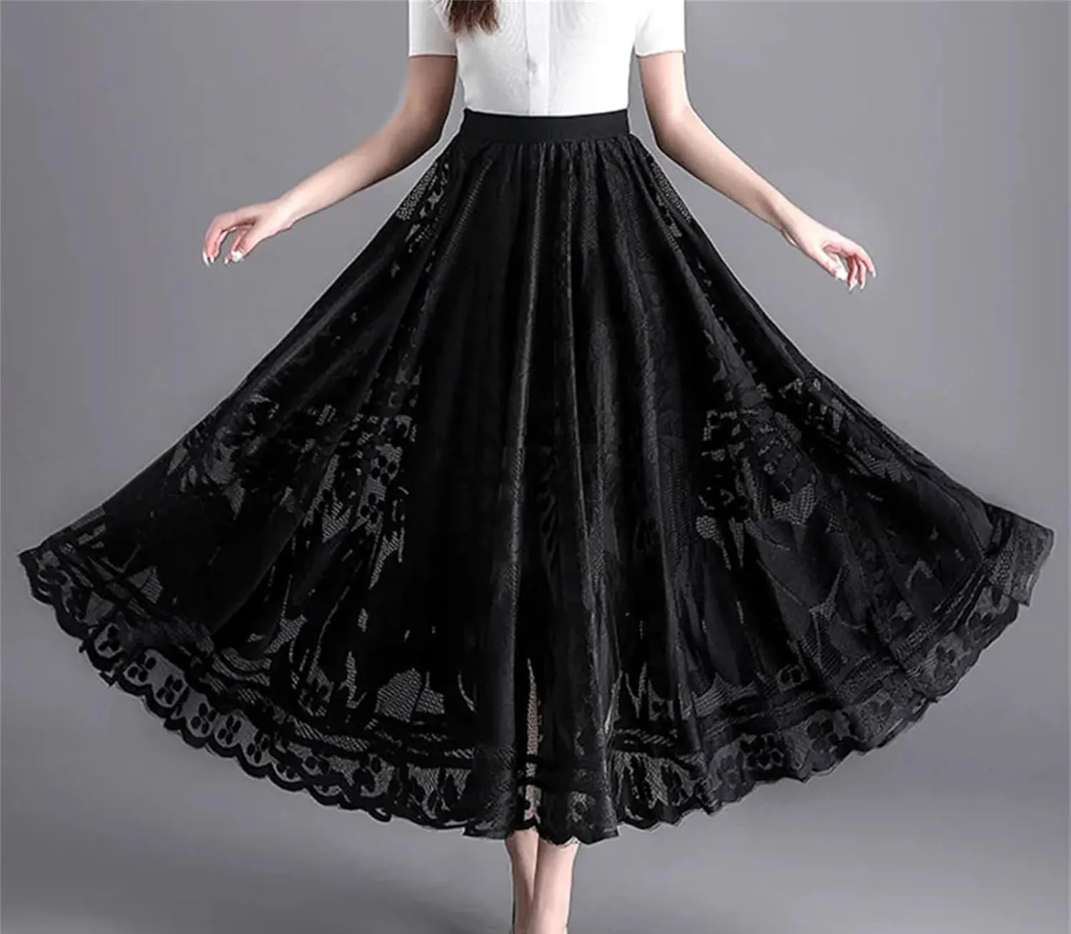 Women's Elastic Waist Lace Long Skirt Summer Casual A Line Skirt