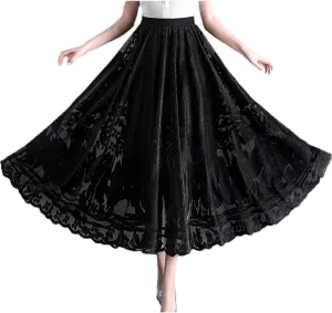 Women's Elastic Waist Lace Long Skirt Summer Casual A Line Skirt