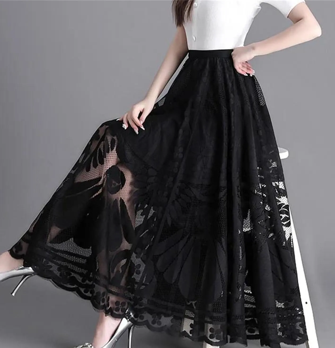 Women's Elastic Waist Lace Long Skirt Summer Casual A Line Skirt