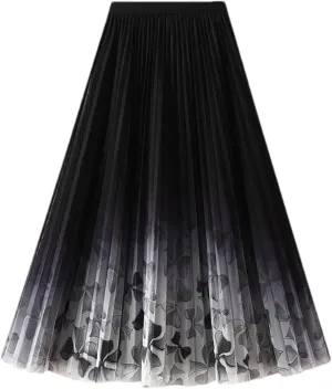 Women's Elastic Waist Pleated Printed A-Line Skirt High Waist Loose Mid-Calf Skirt
