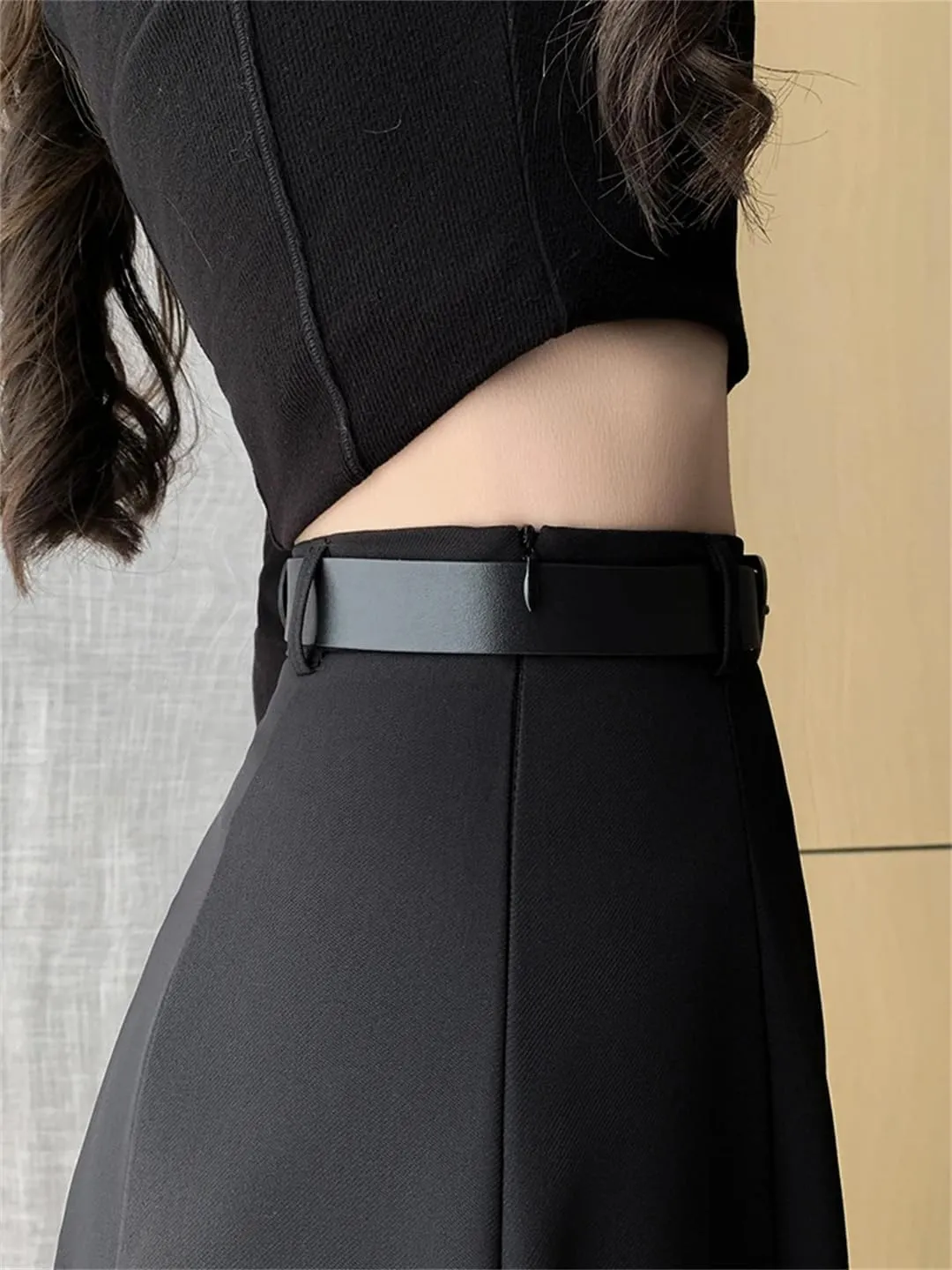 Women's Elegant Office OL Loose A-Line Skirt with Belt Big Swing Midi Skirts