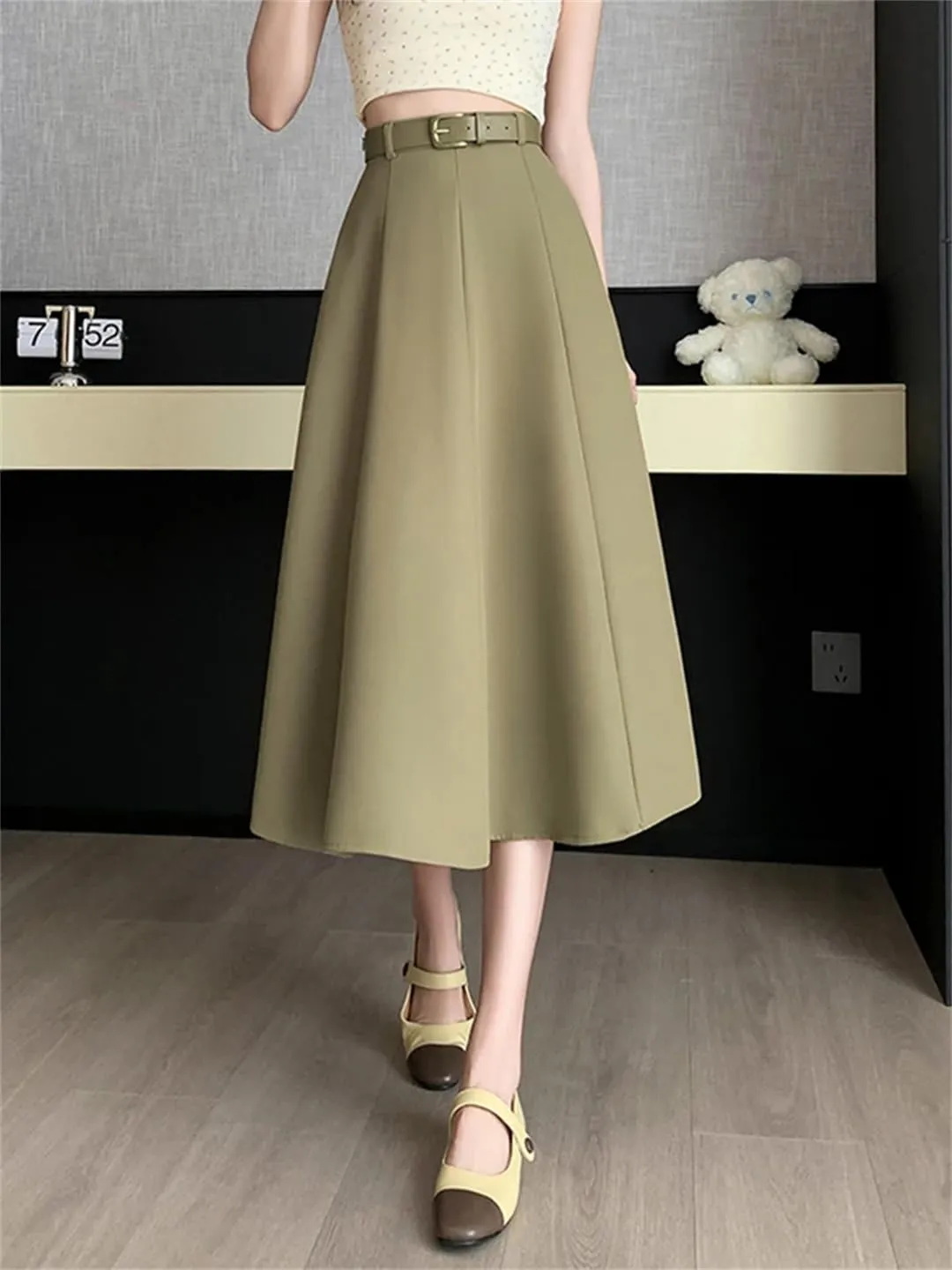 Women's Elegant Office OL Loose A-Line Skirt with Belt Big Swing Midi Skirts