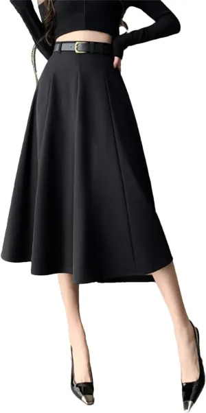 Women's Elegant Office OL Loose A-Line Skirt with Belt Big Swing Midi Skirts