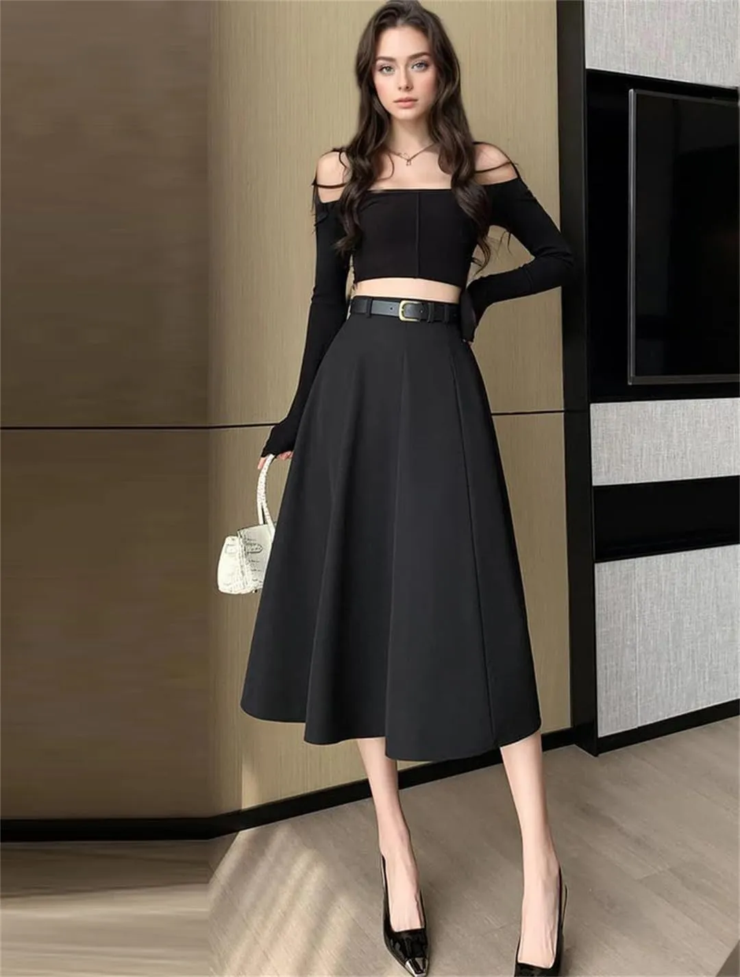 Women's Elegant Office OL Loose A-Line Skirt with Belt Big Swing Midi Skirts