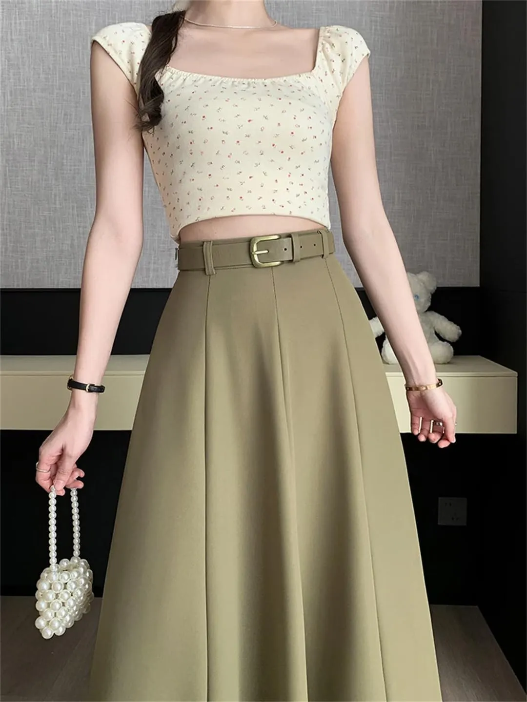 Women's Elegant Office OL Loose A-Line Skirt with Belt Big Swing Midi Skirts