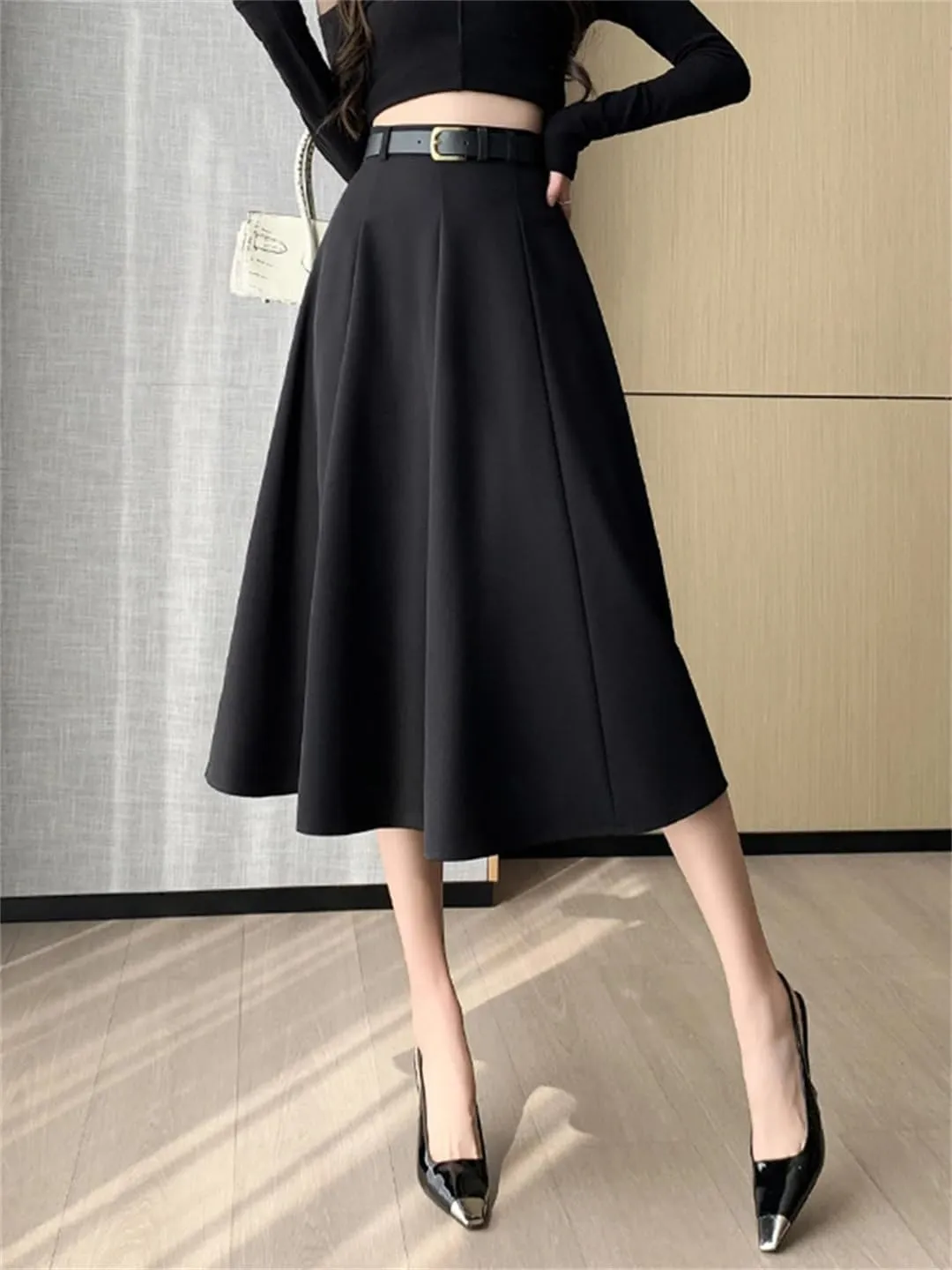 Women's Elegant Office OL Loose A-Line Skirt with Belt Big Swing Midi Skirts