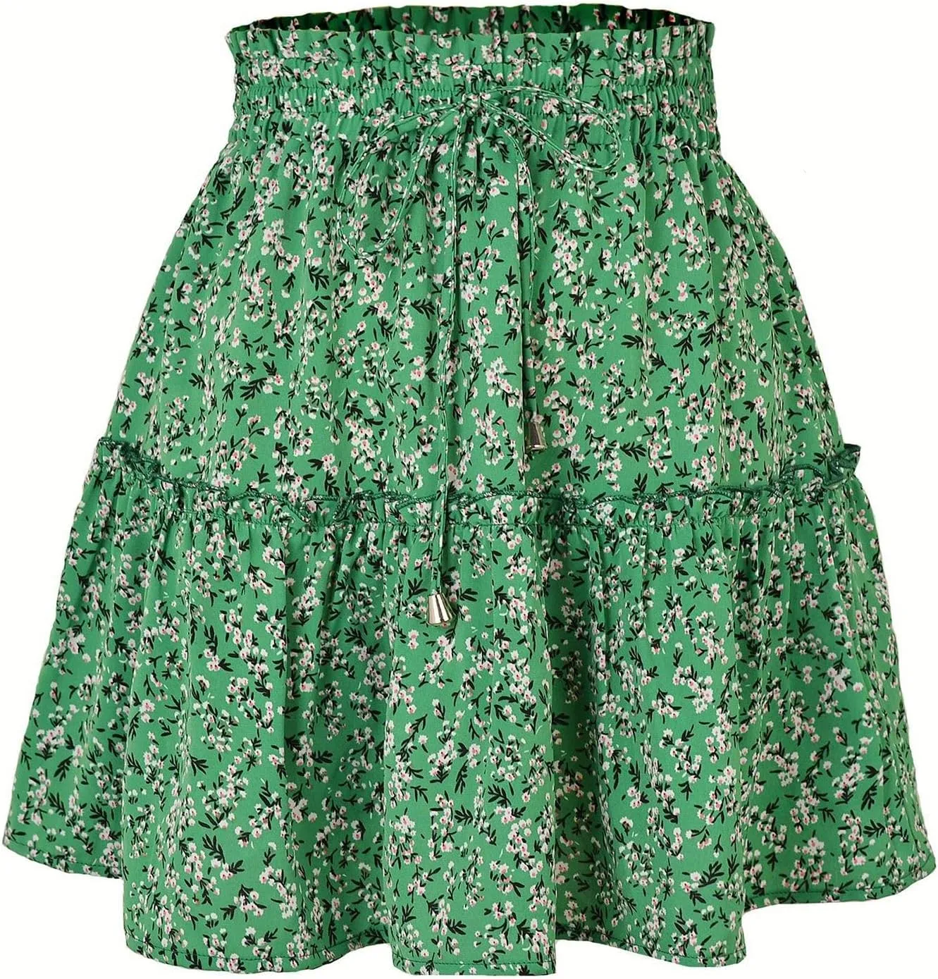 Womens Fashion Elastic Waist Flared Short Skirt Floral Print Pleated High Waist Mini Skater Skirt with Drawstring