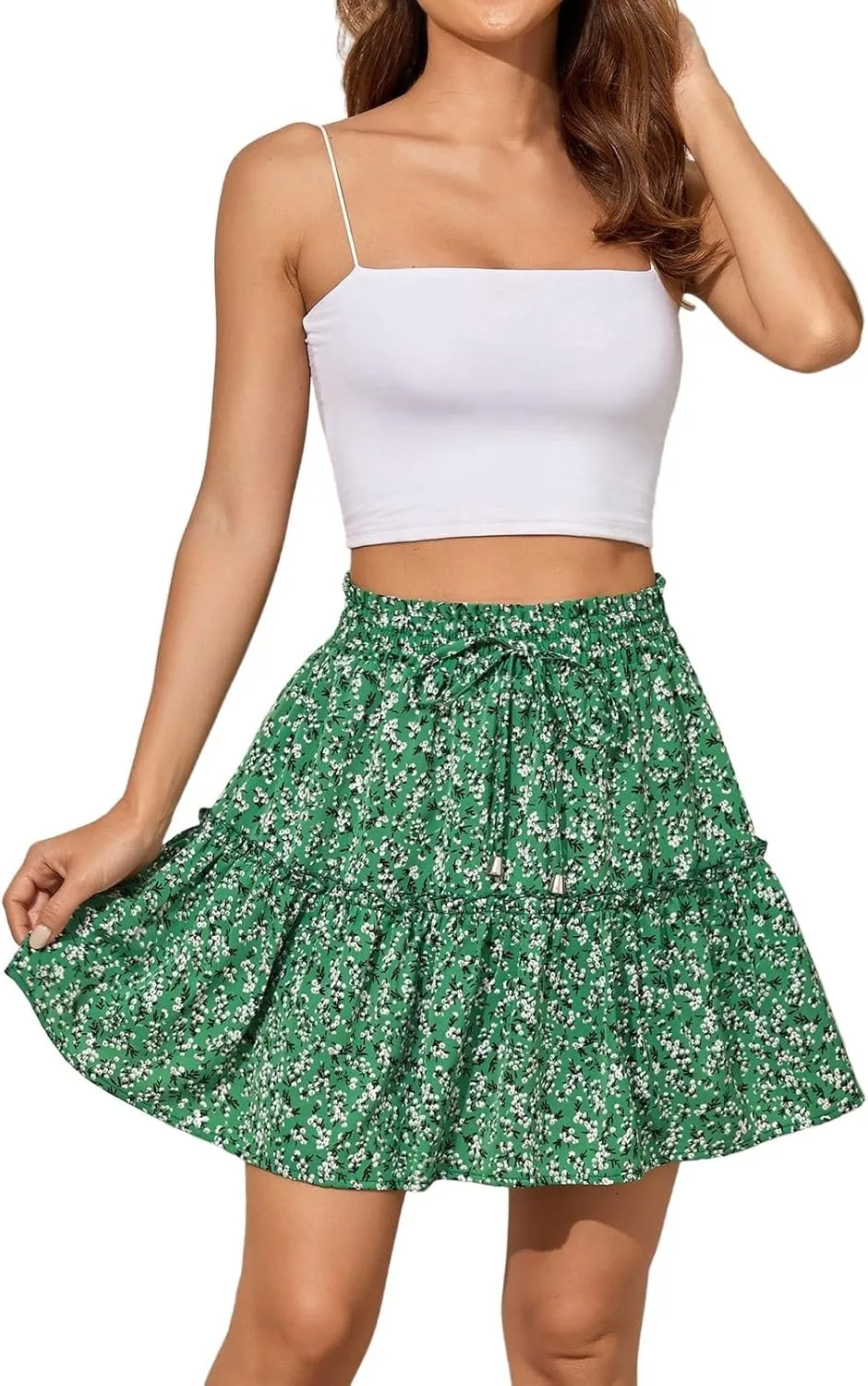 Womens Fashion Elastic Waist Flared Short Skirt Floral Print Pleated High Waist Mini Skater Skirt with Drawstring
