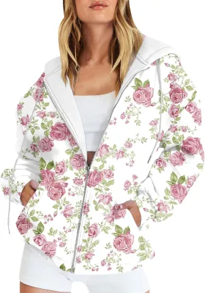 Women's Fashion Floral Print Zip Up Hoodies With Pockets, Casual Style, Long Sleeve, S-3XL