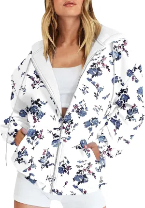 Women's Fashion Floral Print Zip Up Hoodies With Pockets, Casual Style, Long Sleeve, S-3XL