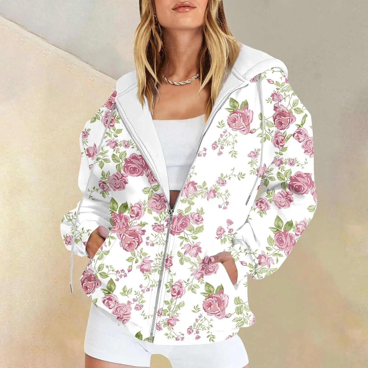 Women's Fashion Floral Print Zip Up Hoodies With Pockets, Casual Style, Long Sleeve, S-3XL