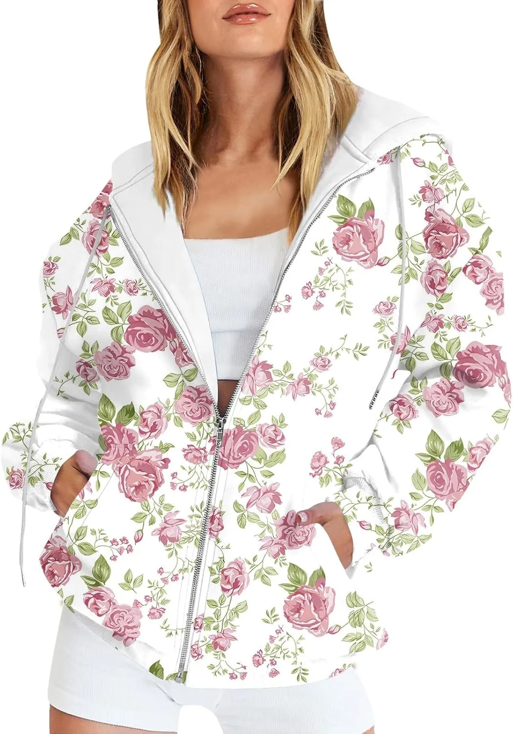 Women's Fashion Floral Print Zip Up Hoodies With Pockets, Casual Style, Long Sleeve, S-3XL