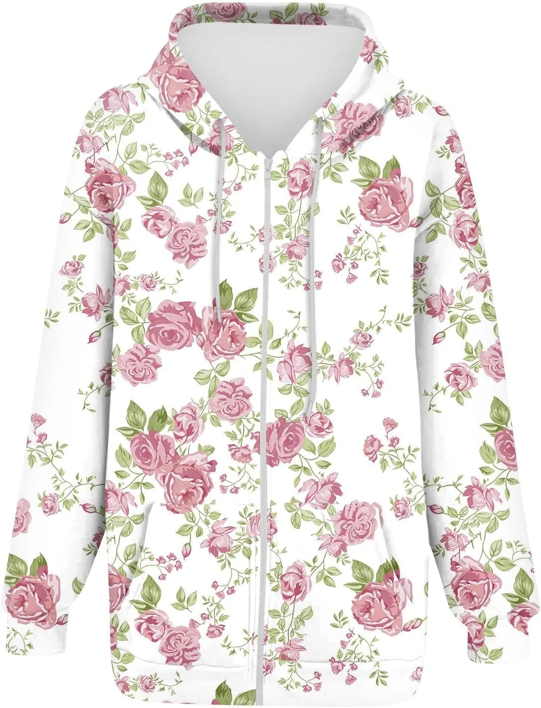 Women's Fashion Floral Print Zip Up Hoodies With Pockets, Casual Style, Long Sleeve, S-3XL