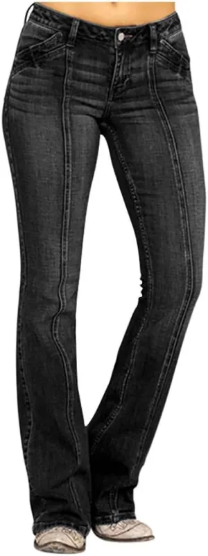 Womens Flared Jeans Stretchy Mid-Waisted Wide Leg Boot Cut Denim Pants Stylish Bell Bottom Jean Trousers with Pockets