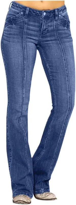 Womens Flared Jeans Stretchy Mid-Waisted Wide Leg Boot Cut Denim Pants Stylish Bell Bottom Jean Trousers with Pockets