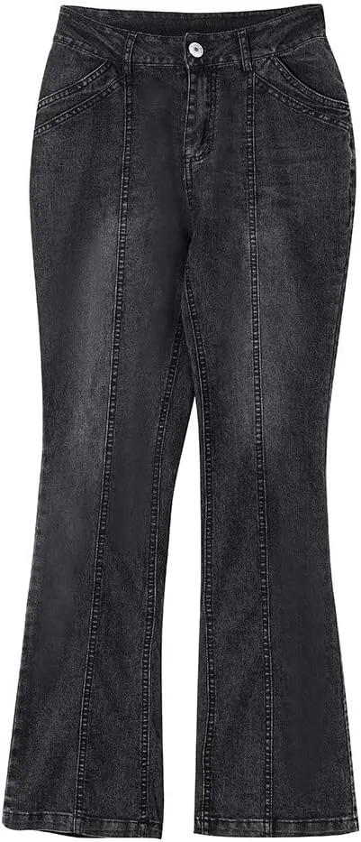 Womens Flared Jeans Stretchy Mid-Waisted Wide Leg Boot Cut Denim Pants Stylish Bell Bottom Jean Trousers with Pockets