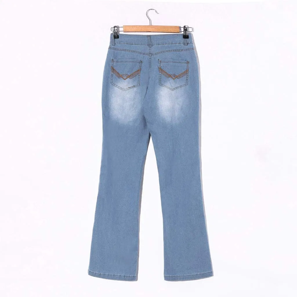 Womens Flared Jeans Stretchy Mid-Waisted Wide Leg Boot Cut Denim Pants Stylish Bell Bottom Jean Trousers with Pockets