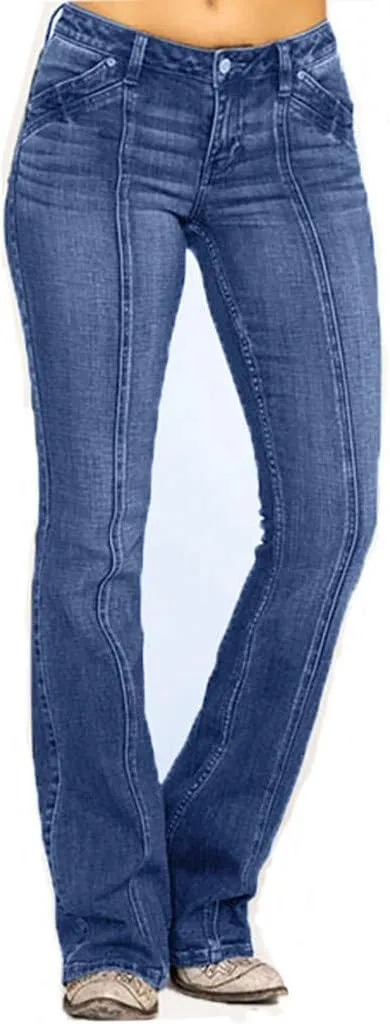 Womens Flared Jeans Stretchy Mid-Waisted Wide Leg Boot Cut Denim Pants Stylish Bell Bottom Jean Trousers with Pockets