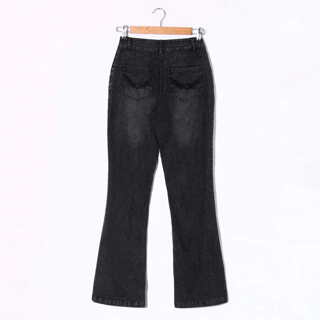 Womens Flared Jeans Stretchy Mid-Waisted Wide Leg Boot Cut Denim Pants Stylish Bell Bottom Jean Trousers with Pockets