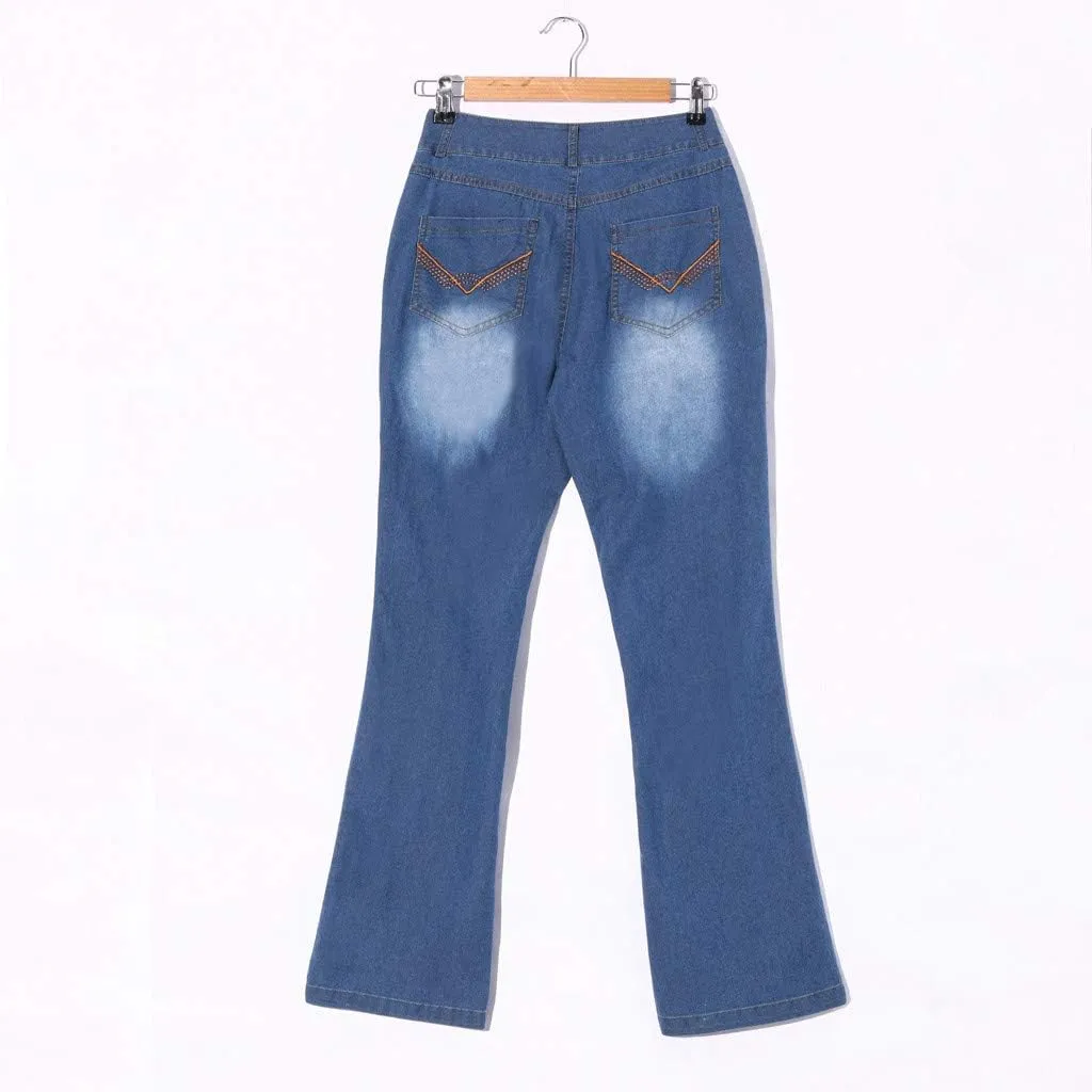 Womens Flared Jeans Stretchy Mid-Waisted Wide Leg Boot Cut Denim Pants Stylish Bell Bottom Jean Trousers with Pockets