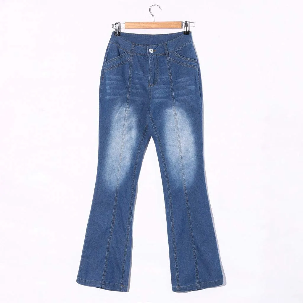 Womens Flared Jeans Stretchy Mid-Waisted Wide Leg Boot Cut Denim Pants Stylish Bell Bottom Jean Trousers with Pockets