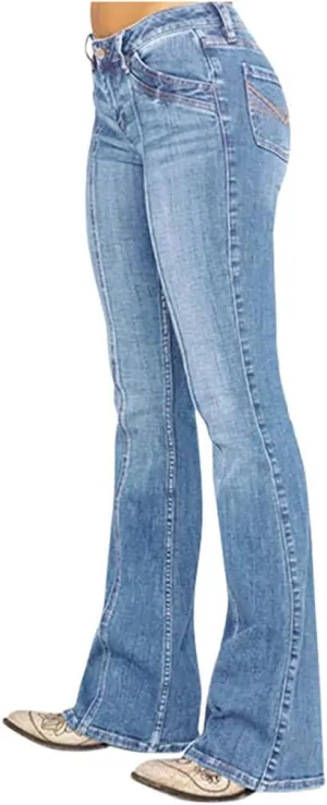 Womens Flared Jeans Stretchy Mid-Waisted Wide Leg Boot Cut Denim Pants Stylish Bell Bottom Jean Trousers with Pockets