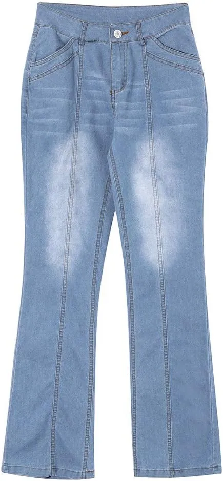 Womens Flared Jeans Stretchy Mid-Waisted Wide Leg Boot Cut Denim Pants Stylish Bell Bottom Jean Trousers with Pockets