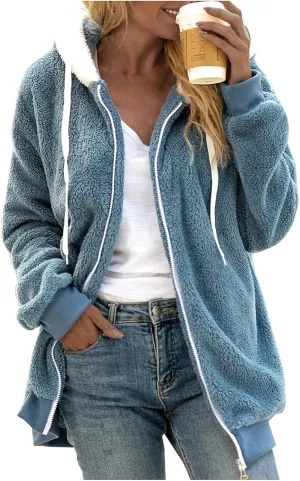 Womens Fleece Jacket Winter Loose Warm Open Front Full Zip Up Drawstring Hooded Sweater Coat Daily Casual Hoodies Coat