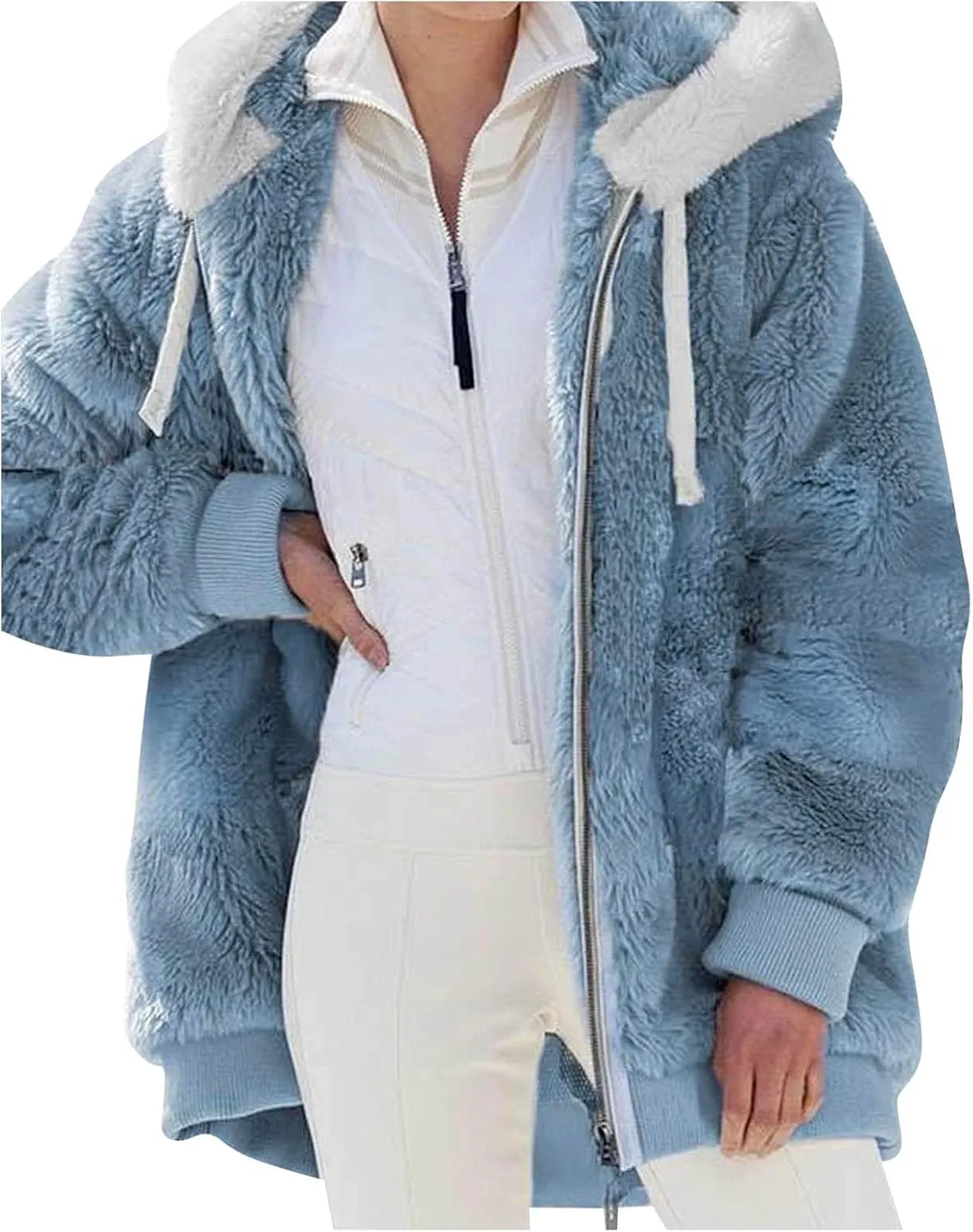 Womens Fleece Jacket Winter Loose Warm Open Front Full Zip Up Drawstring Hooded Sweater Coat Daily Casual Hoodies Coat