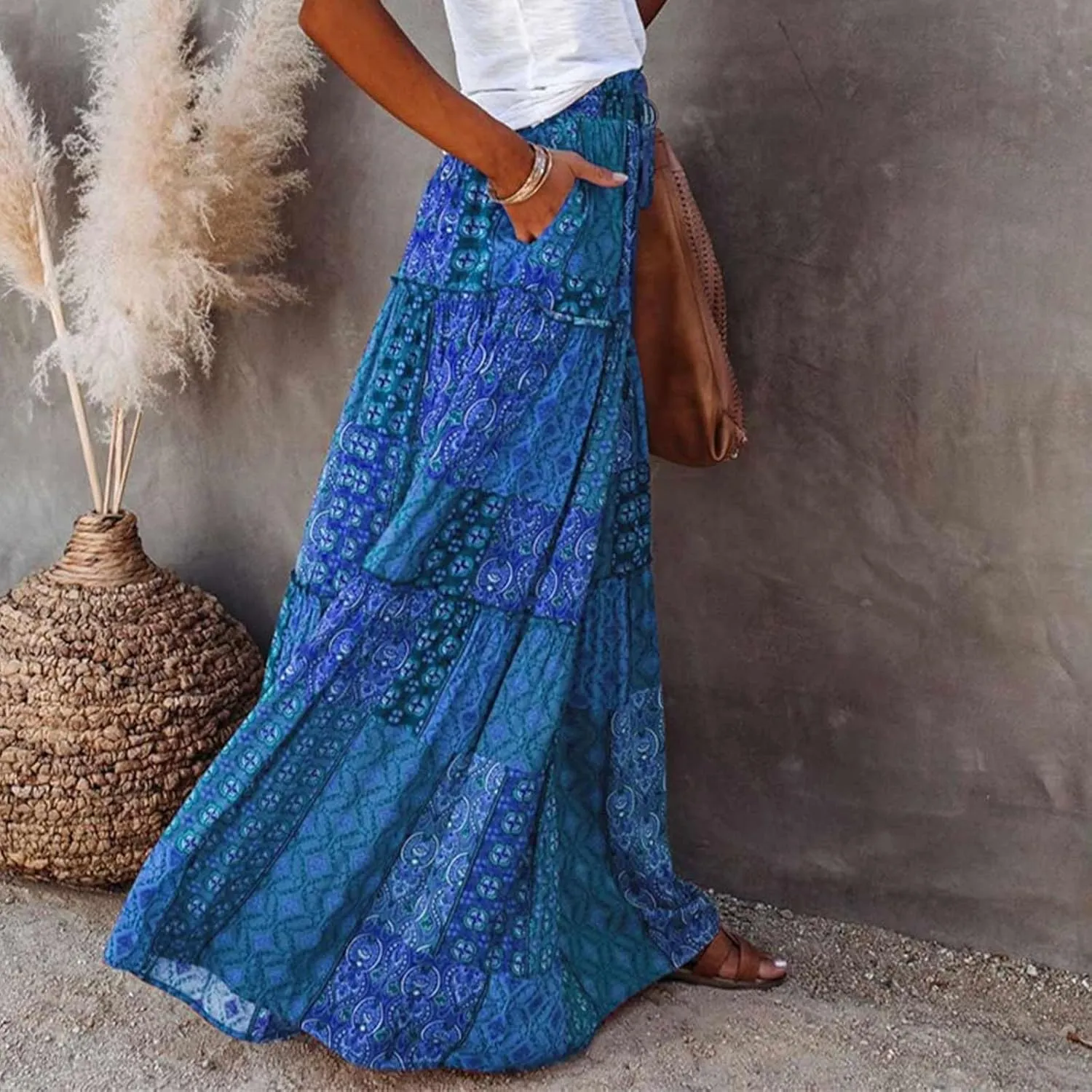 Womens Floral Print Boho Maxi Skirt Casual High Waist Tie Paisley Print Long Maxi Skirt Summer Beach Flowy Skirts