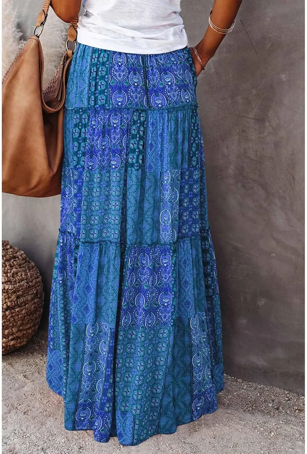 Womens Floral Print Boho Maxi Skirt Casual High Waist Tie Paisley Print Long Maxi Skirt Summer Beach Flowy Skirts