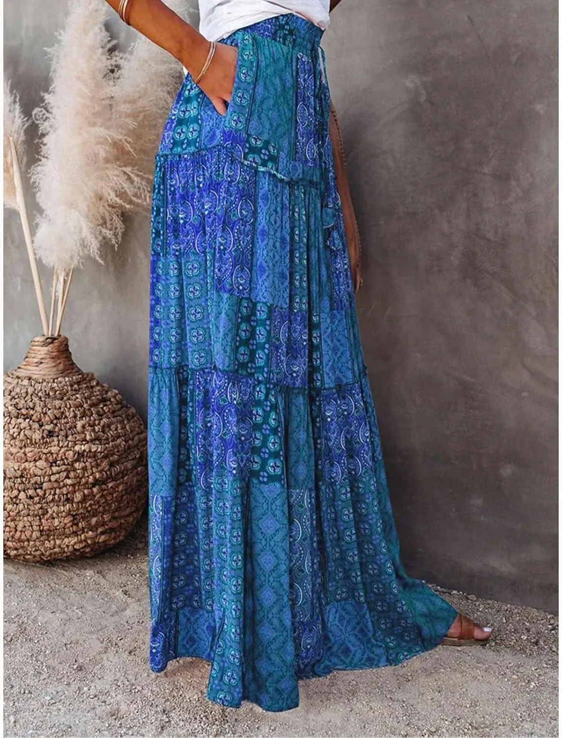 Womens Floral Print Boho Maxi Skirt Casual High Waist Tie Paisley Print Long Maxi Skirt Summer Beach Flowy Skirts