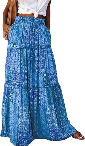 Womens Floral Print Boho Maxi Skirt Casual High Waist Tie Paisley Print Long Maxi Skirt Summer Beach Flowy Skirts