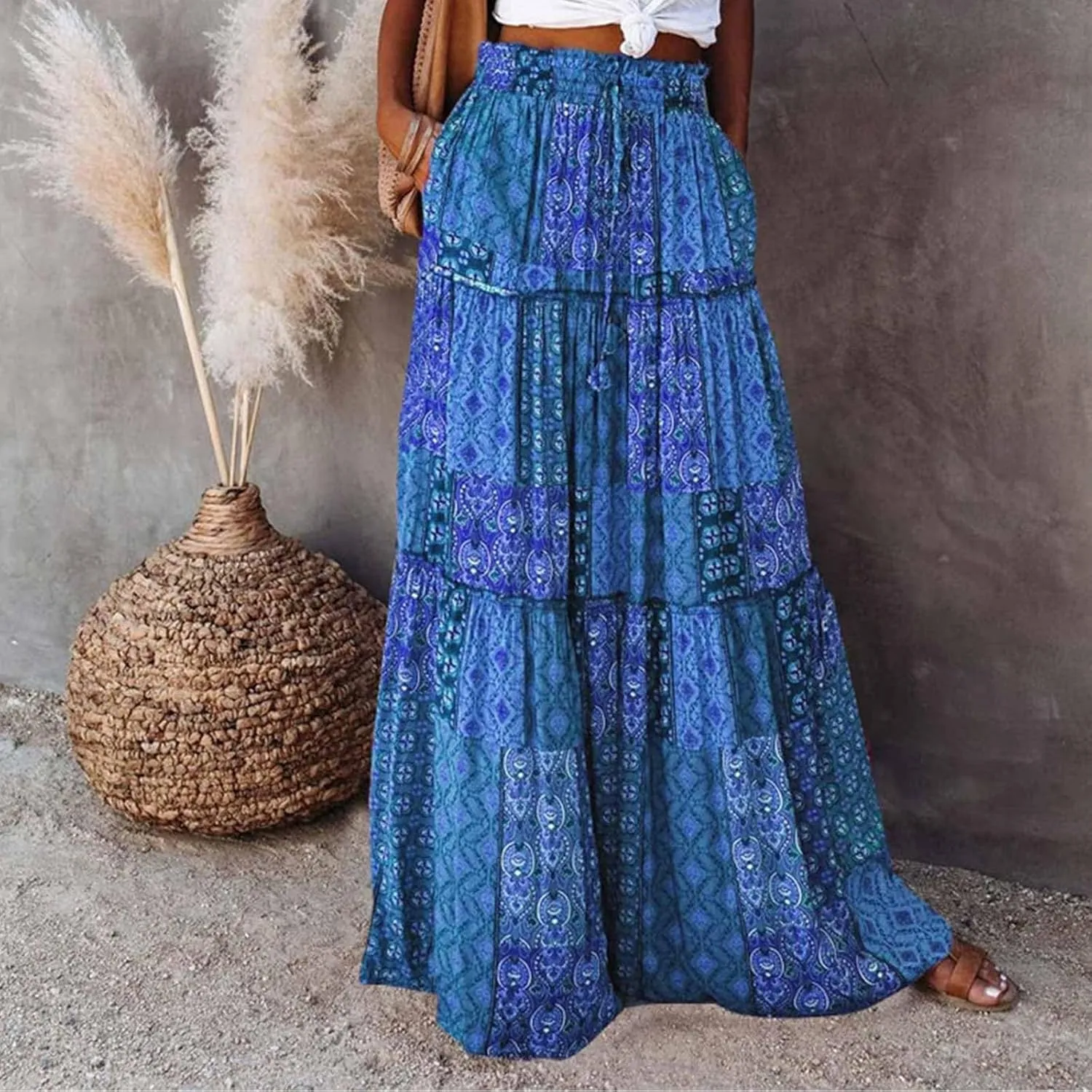 Womens Floral Print Boho Maxi Skirt Casual High Waist Tie Paisley Print Long Maxi Skirt Summer Beach Flowy Skirts