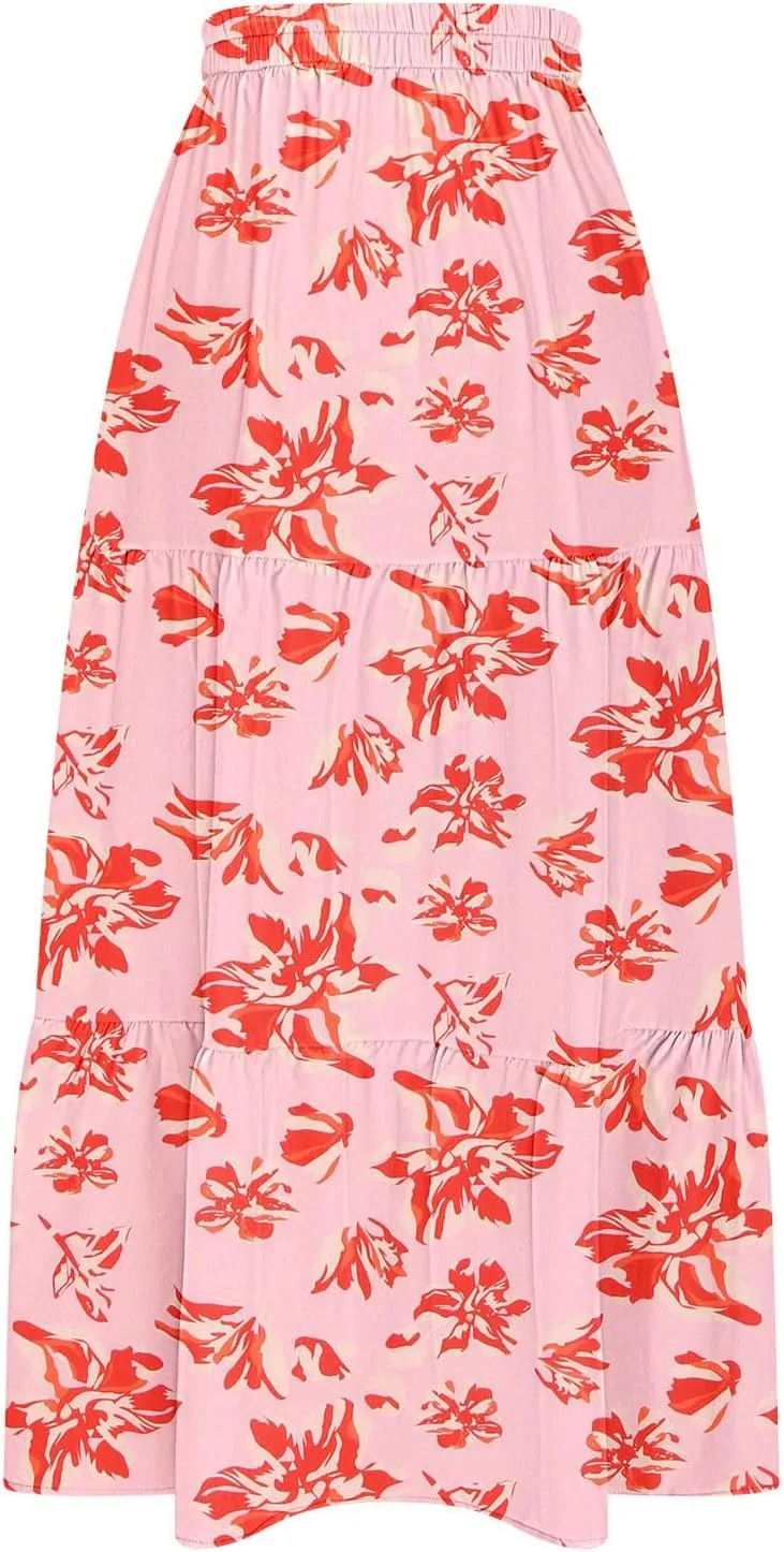 Womens Floral Print Maxi Skirts Fashion Tiered Split Skirt Summer Boho Beach Flowy Swing Bottom Vacation Clothes 2025