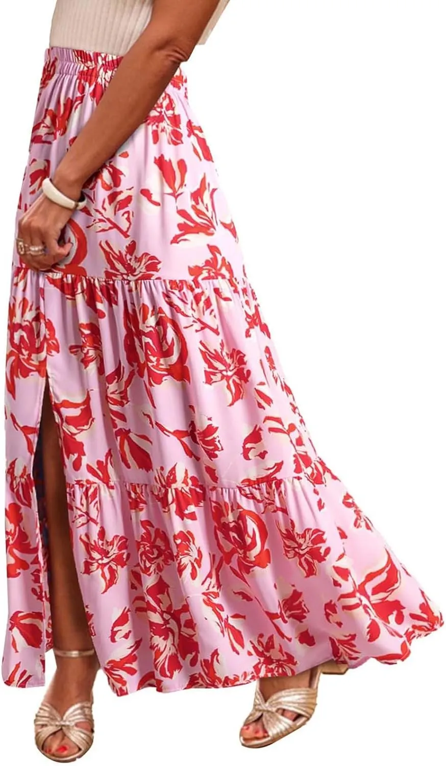 Womens Floral Print Maxi Skirts Fashion Tiered Split Skirt Summer Boho Beach Flowy Swing Bottom Vacation Clothes 2025