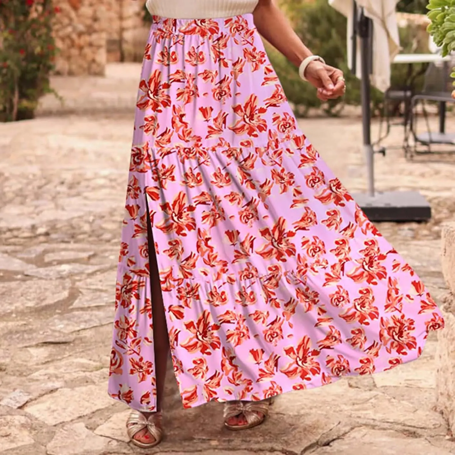 Womens Floral Print Maxi Skirts Fashion Tiered Split Skirt Summer Boho Beach Flowy Swing Bottom Vacation Clothes 2025