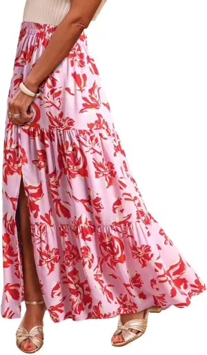 Womens Floral Print Maxi Skirts Fashion Tiered Split Skirt Summer Boho Beach Flowy Swing Bottom Vacation Clothes 2025