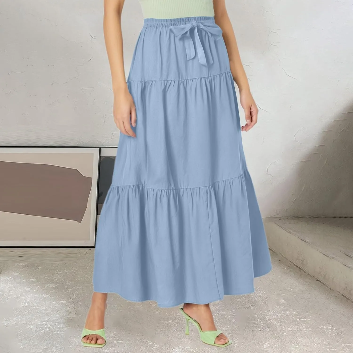 Women's Flowy Flared Ruffle Boho Long Skirt 2025 Summer Casual Cotton Linen Maxi Skirt Comfort Loose Relaxed Skirts