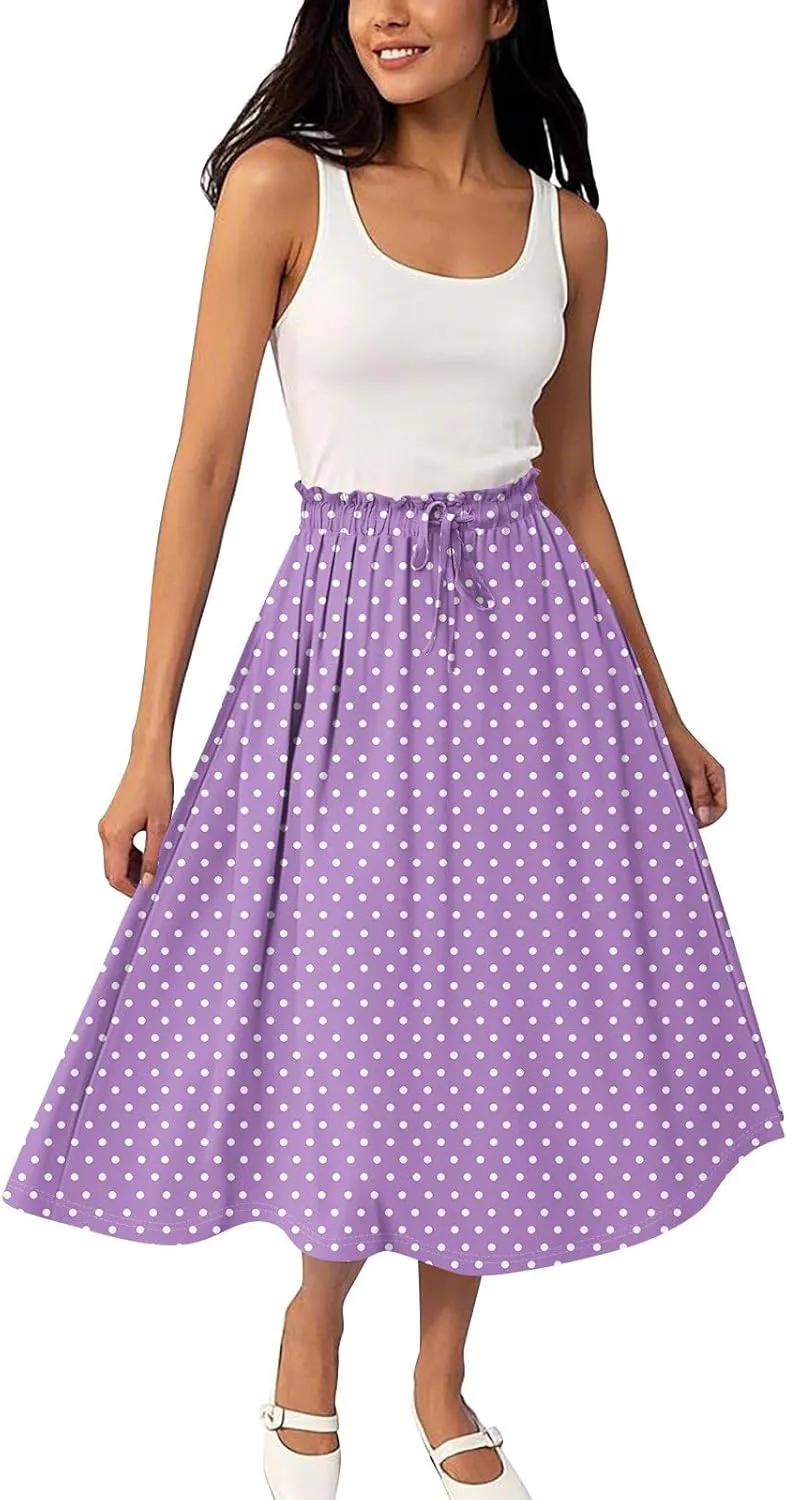Women's Flowy Maxi Skirt Boho Summer Pleated High Waisted Casual Smocked Long Skirts with Pockets
