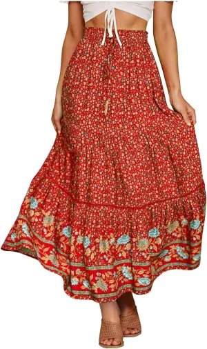 Womens Flowy Maxi Skirt Vintage Floral Print High Waist Elastic Tiered A Line Boho Beach Holiday Long Skirts